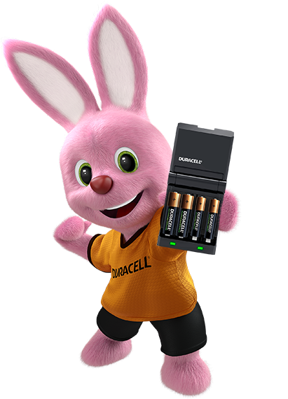 Bunny holding battery charger with four rechargeable batteries inside