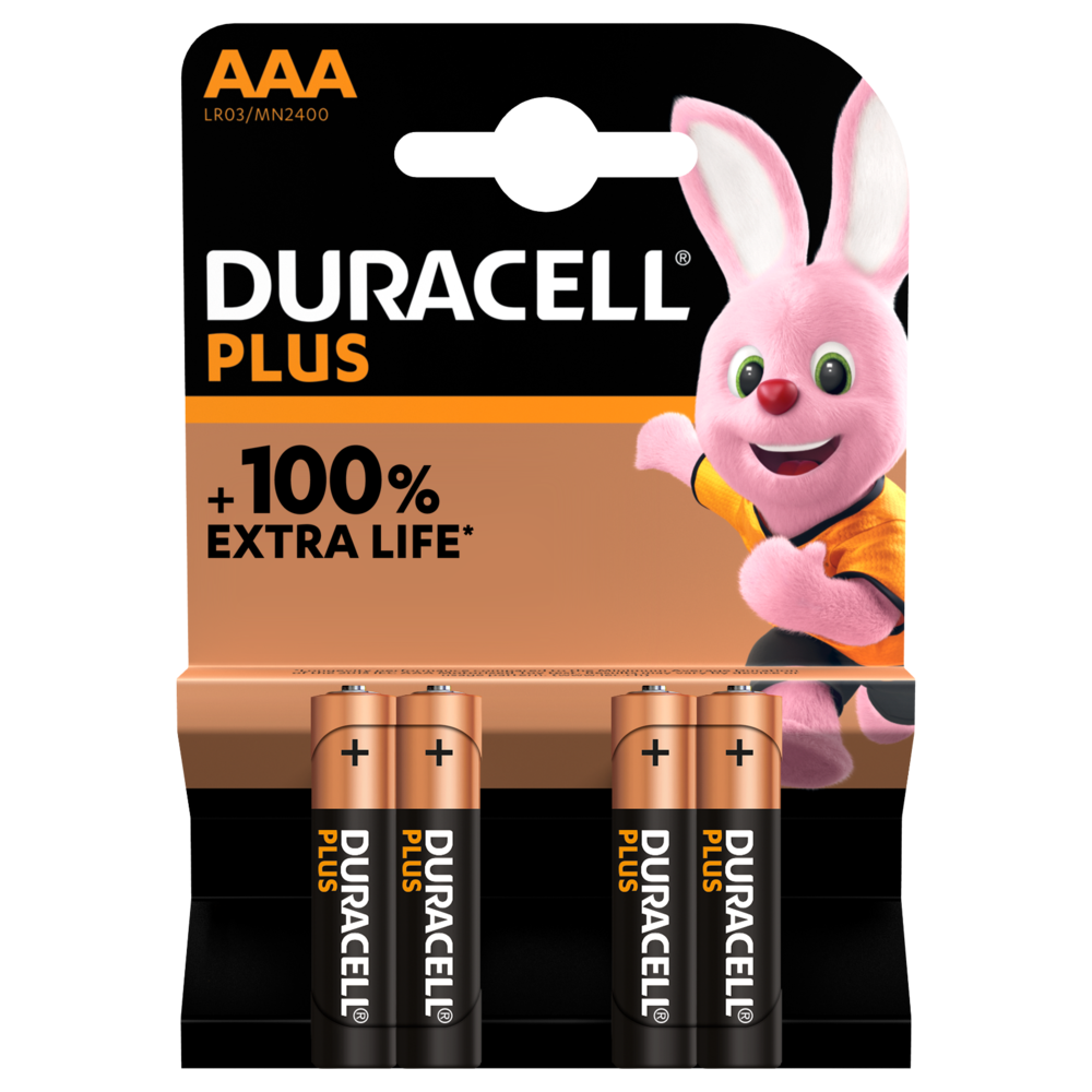 Duracell Plus Alkaline AAA 1.5V batteries with 4 pieces in a pack
